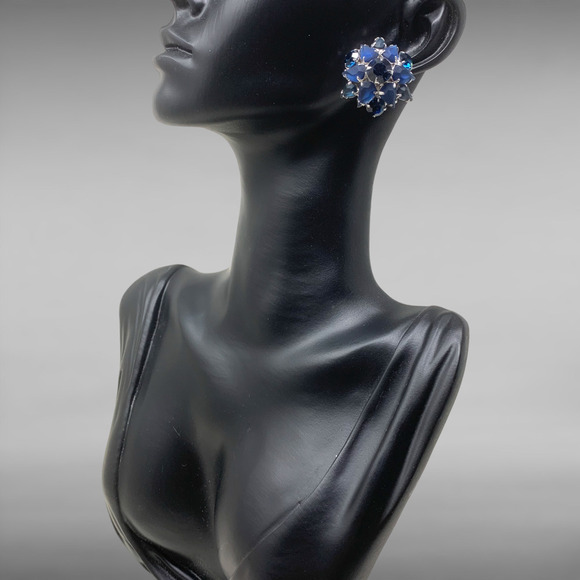 Vintage 1960's Blue Crystal Domed Cluster Clip On Earrings Runway Couture Carded - Picture 4 of 6